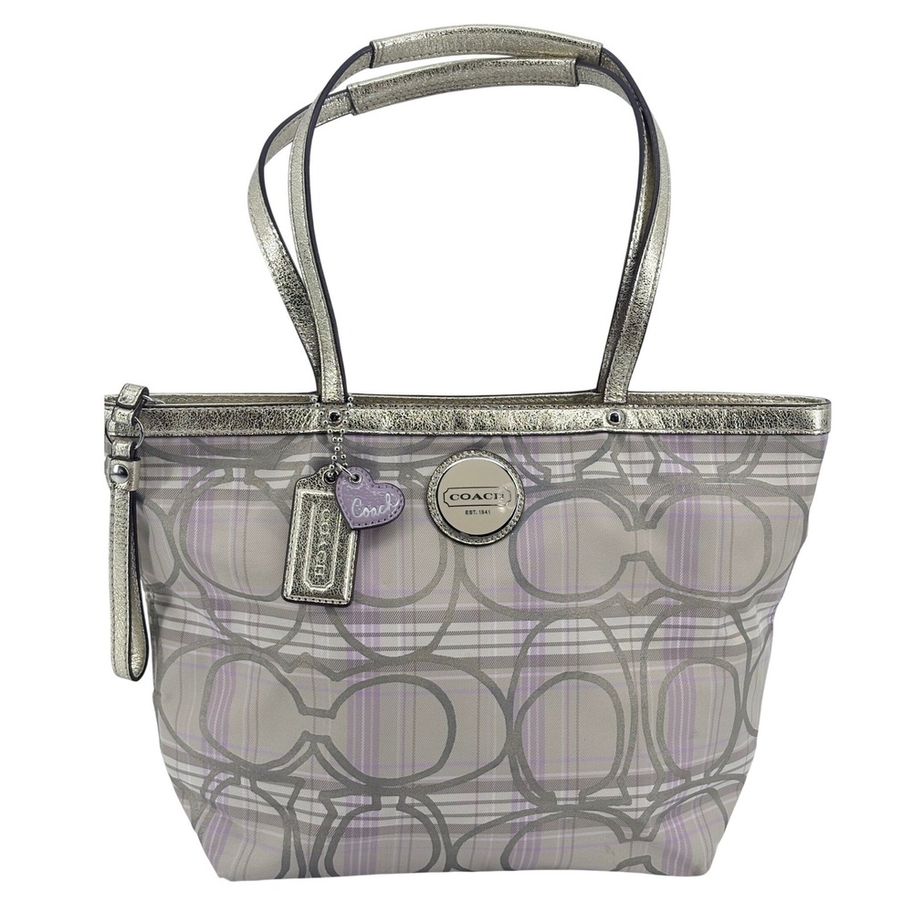 Coach Heritage Plaid Signature C Tote Bag Metallic Gold Lavender F17474
